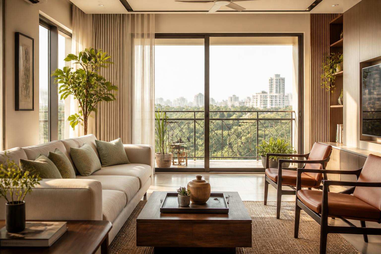 Sunlit modern Indian apartment living room